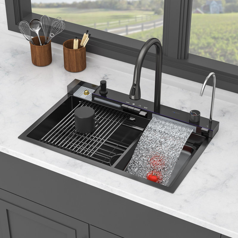 Gunmetal Black Kitchen Sink, Waterfall, Multifunction Single Bowl, 16 Gauge Stainless Steel, Ledge Workstation, Top Mount | Gift Idea