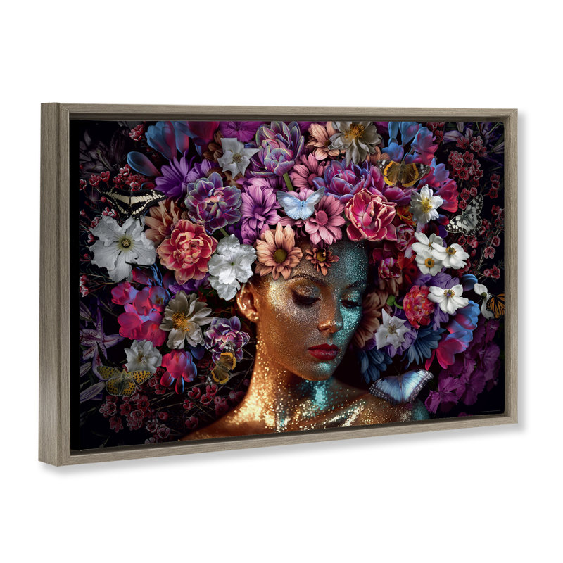«Glitz Woman with Florals», toile flottante encadrée par Reinders, H 21 po x l 31 po, Cadre flottant orme Montalcino