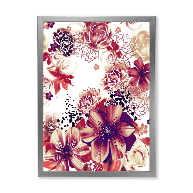 Fleurs roses et jaunes rétro - impression sur toile, H 20 po x l 12 po x P 1,5 po, Toile avec cadre argenté