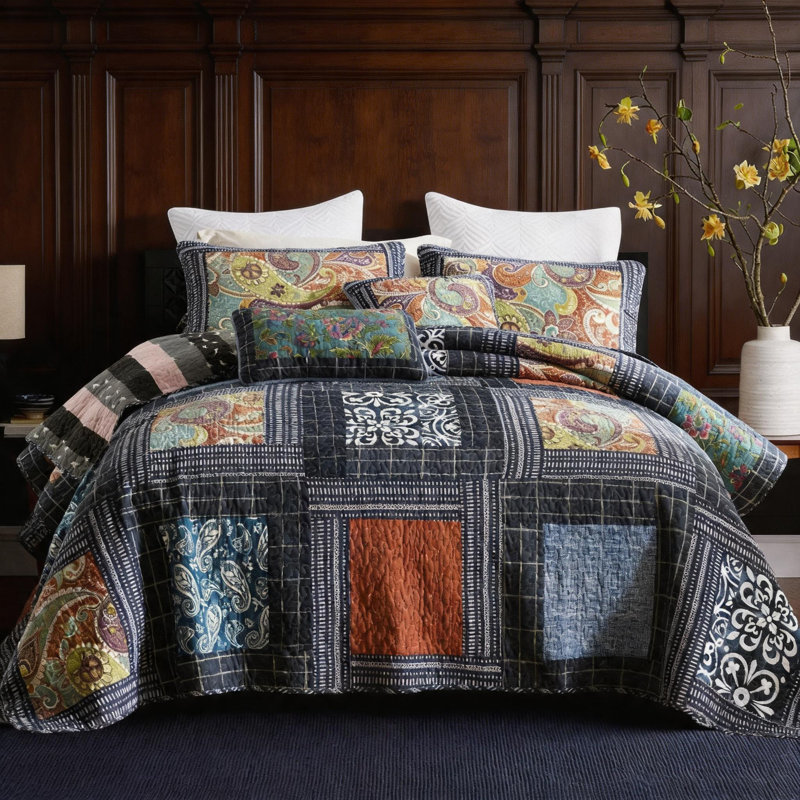  HoneiLife  Black Swirl  Cotton Handmade Patchwork 3-Piece Queen Size Quilt Sets, Queen Quilt + 2 Standard Pillowcases, Black