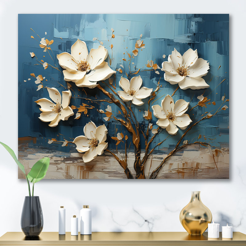 Orchidée bleue et blanche jardin de branches V - art mural floral abstrait, H 16 po x l 32 po x P 1 po, Toile tendue