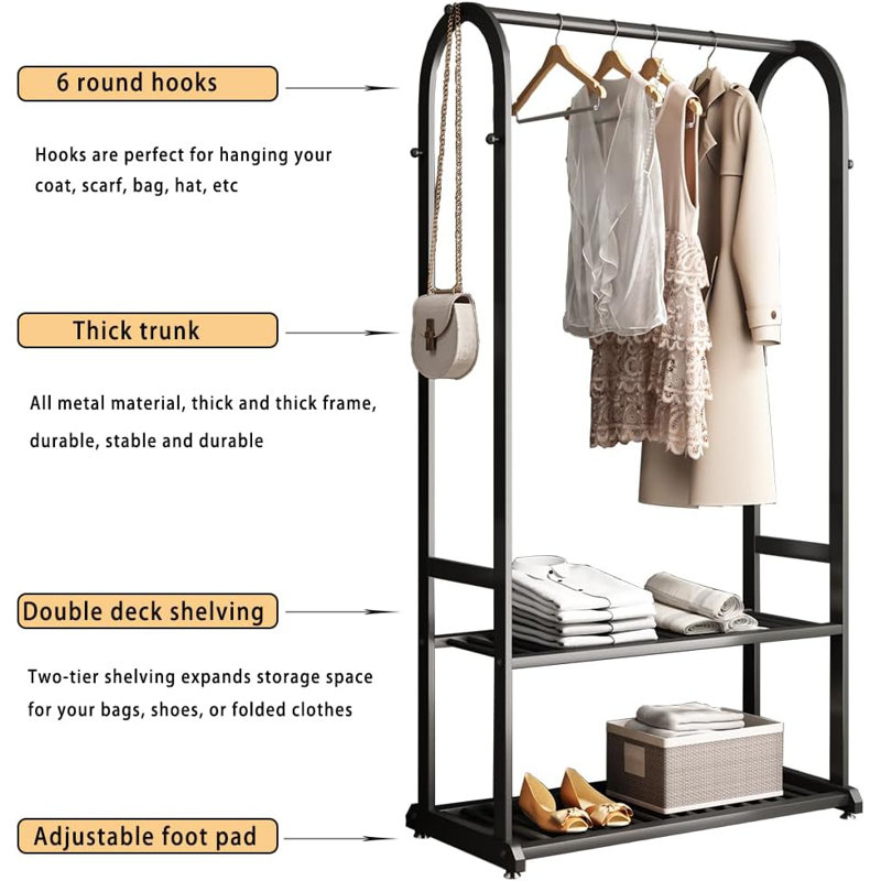 Black Heavy Duty Metal Garment Rack with Shelves and Hooks