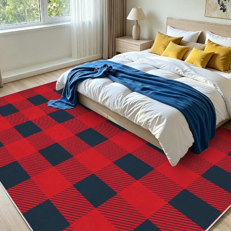 Tapis rouge à motif écossais lavable à la machine, Rectangle 71 po x 98 po