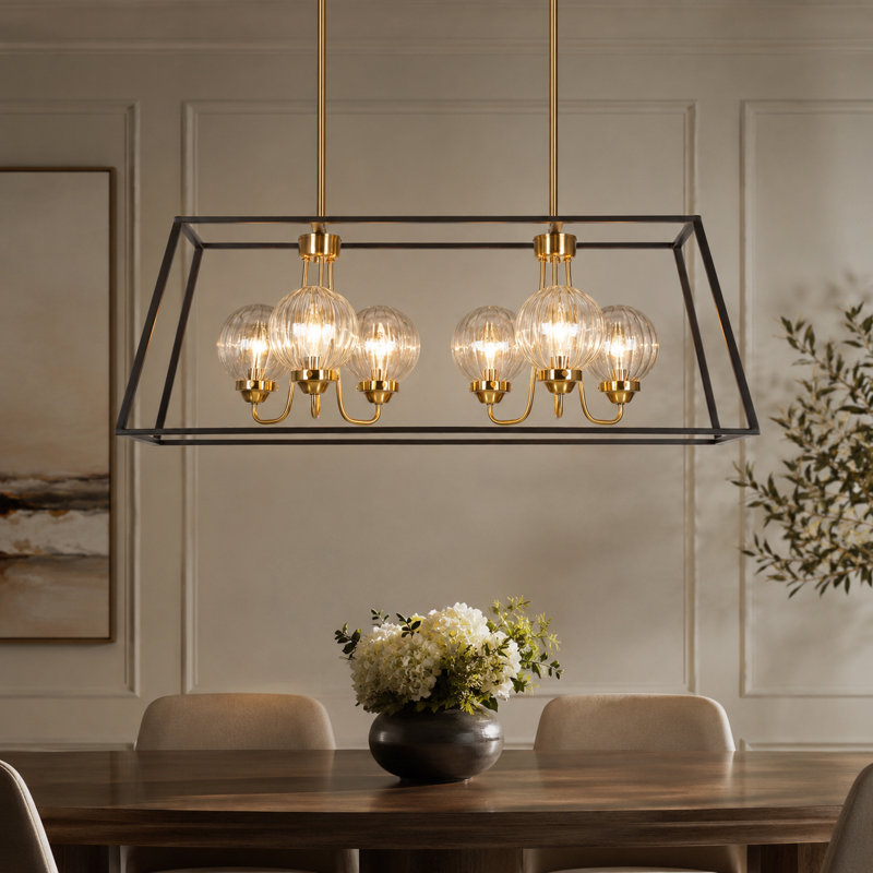 Yedidal 6-Light Dimmable Black Square / Rectangle Kitchen Island Pendant with Ribbed Glass Shade