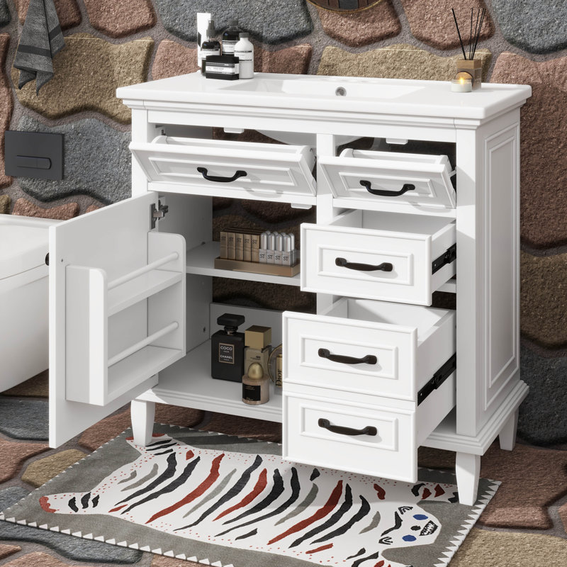 Meuble-lavabo 36 po avec comptoir en céramique, tiroirs rabattables, tablette réglable, Blanc