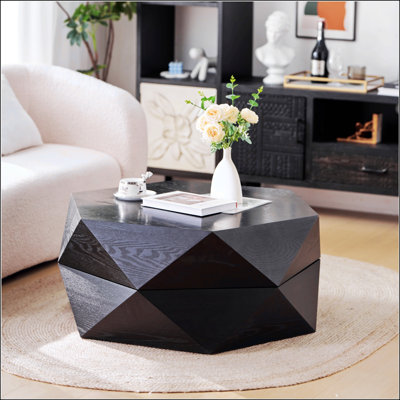 Table basse de 36,61 po de style rétro à dessus rabattable en Polygone, avec réglage en hauteur et rangement caché pour le salon, la chambre à coucher et le bureau