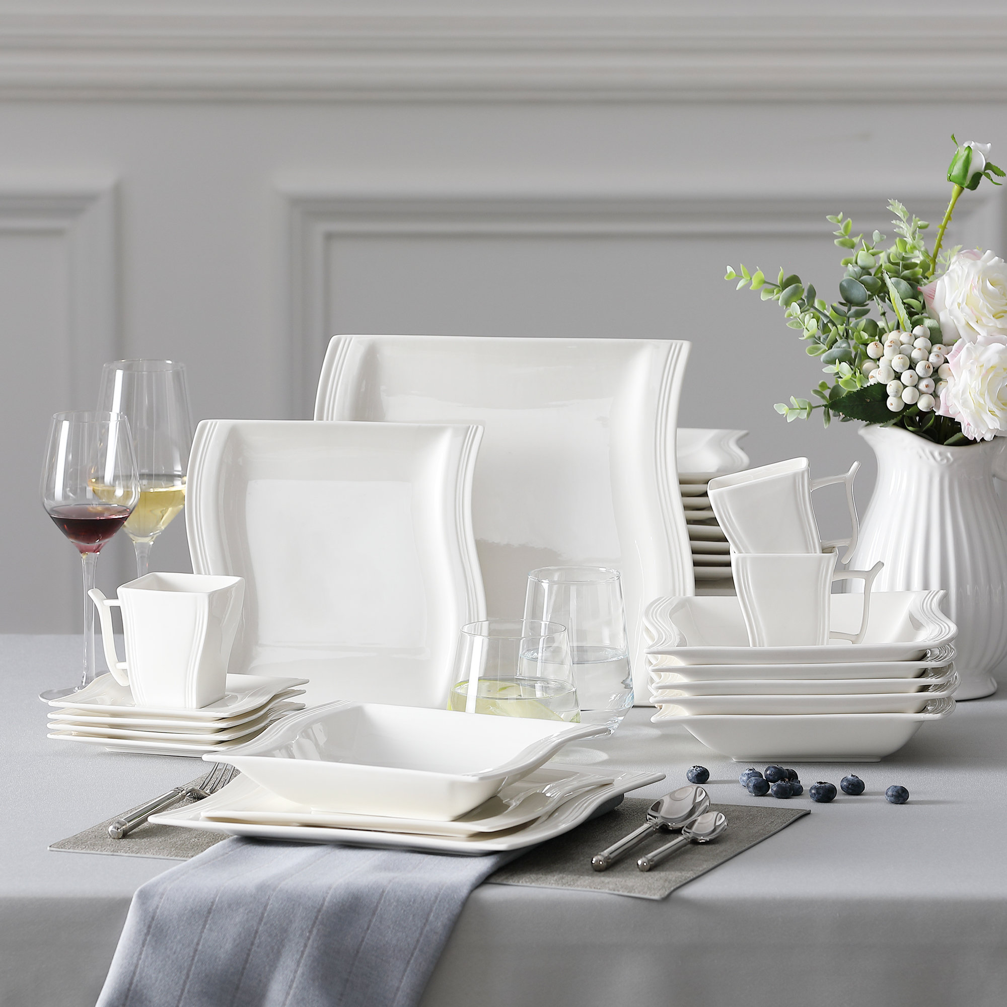 MALACASA, Series Elvira, 60-Piece Porcelain Dinnerware Set, Ivory