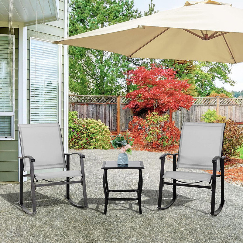 3 Piece Rocking Bistro Set with Rocker Chairs and Glass Coffee Table Set of 3, Rectangular Porch Furniture for Small Space,