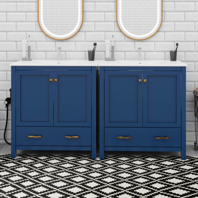 60 Inches Modern Bathroom Vanity Set – Double Ceramic Sinks, Storage Shelf & Divided Drawers, Spacious Double Vanity