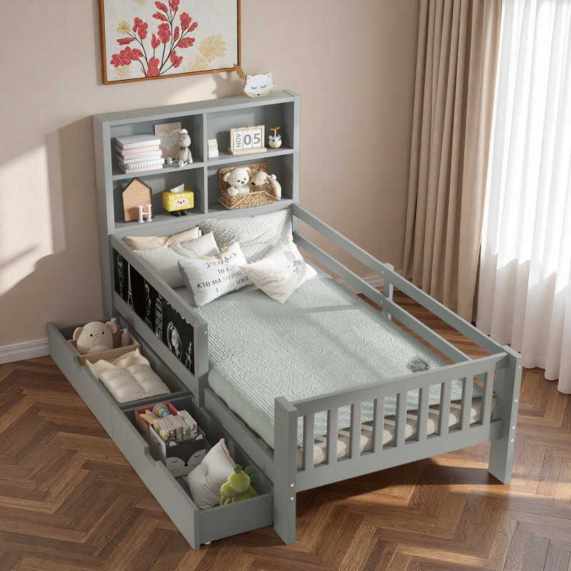 Lit plateforme avec tableau noir, tiroirs de rangement et tablettes ouvertes, Gris, Lit simple