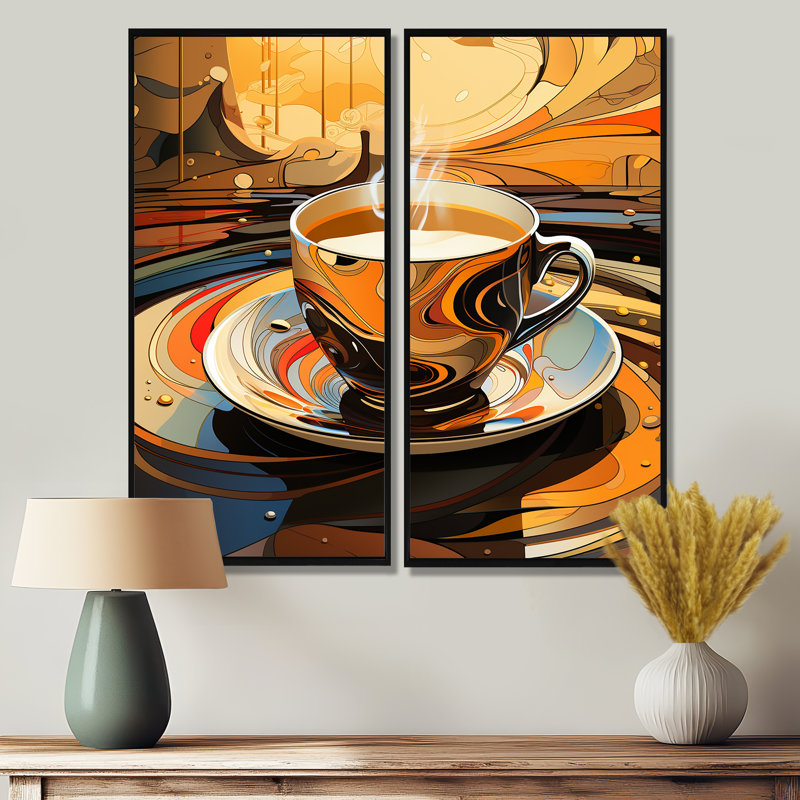 «Yellow Steaming Coffee Brew» - art mural jaune, H 40 po x l 40 po, Reproduction encadrée sans passe-partout, Noir