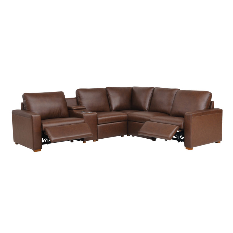132" W Hudson Recliner Leather-Matched Sectional, Brown Leather Match