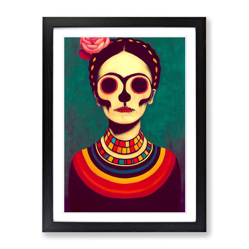 FRM-V0523-1062X Frida Kahlo Sugar Skull - Single Picture Frame Print, 34cm H x 25cm W x 2cm D, Walnut Framed