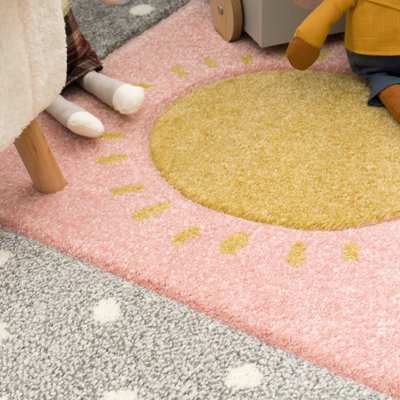 Calvo Kids Rainbow Clouds Power Loom Pink/Grey/Beige Rug