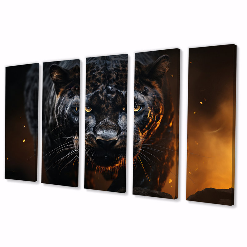 Glorieuse panthère noire chassant la nature sauvage I - décoration murale animaux panthère - 5 panneaux égaux