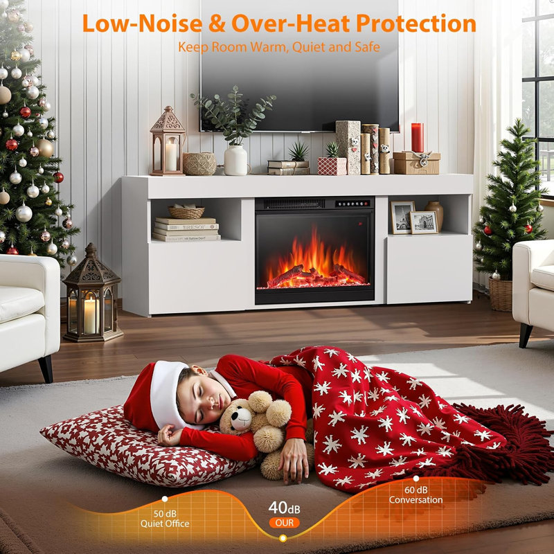 60" Electric Fireplace TV Stand, Fits TVs up to 70", 5100 BTU, 4 Flame & 12 Bed Colors, Sleep Mode, Timer, White