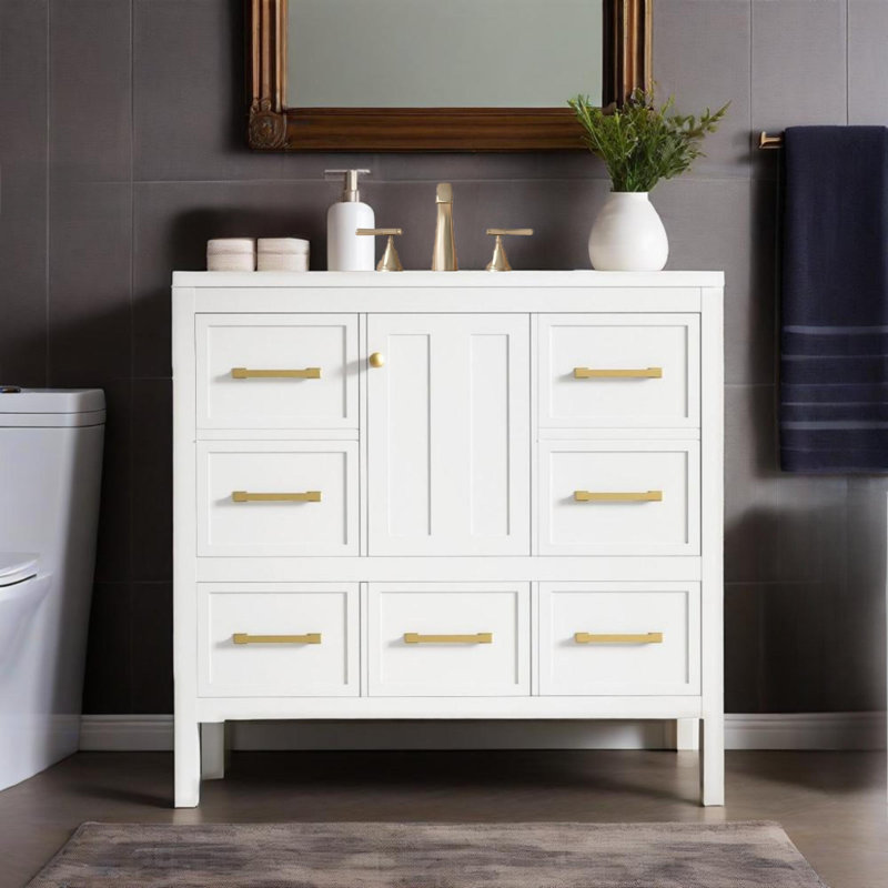 Meuble-lavabo 36 po avec lavabo en résine, 5 tiroirs et portes à fermeture douce