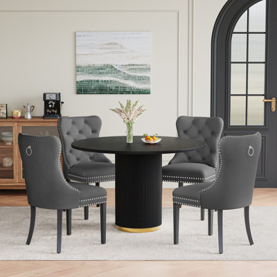 5-Piece Round Dining Table Set With Velvet Upholstered Chairs – Pedestal Base, Seats 4, Modern Dining Room Furniture