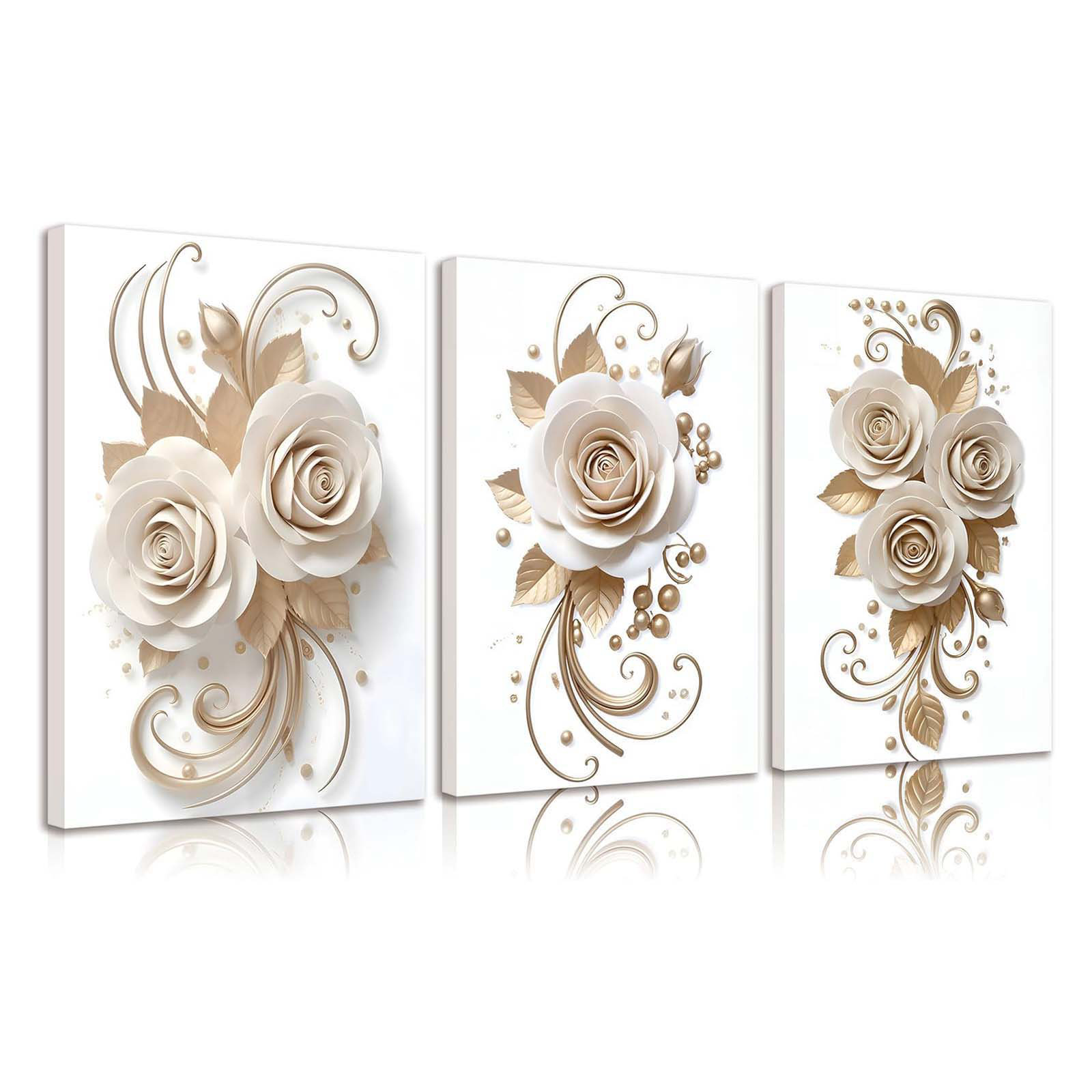Mercer41 3Pcs Abstract White Gold Rose Canvas Wall Art Elegant Blossom ...