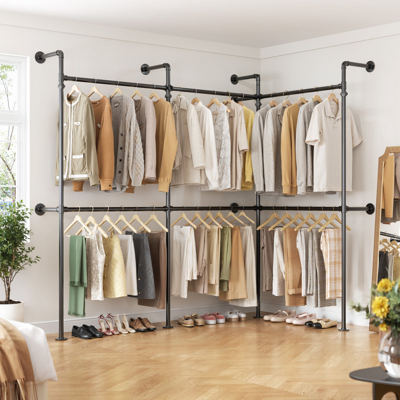 Industrial Pipe Clothing Rack, Heavy Duty Garment Rack, Corner L Shaped Walk-In Closet System, Wall Mounted Closet Wardrobe