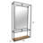Wall Storage Unit with Metal Iron Frame, Wood Base, Glass Mirror, and Open Shelf.