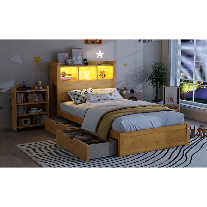 Lit simple avec tiroirs et rangement escamotable, tête de lit en bois avec rangement, DEL, structure de support fiable, disposition personnalisable pour la configuration de la chambre à coucher