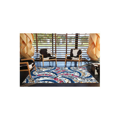 Machine Washable Ethnic Patterned Blue Woven Base Modern Decorative Area Rug