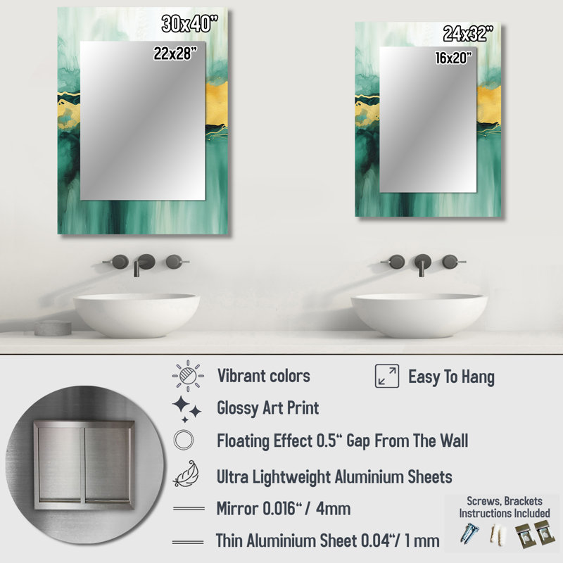 Blue Watercolor Impression with Gold IV - Modern Wall Mirror, 32 po x 24 po