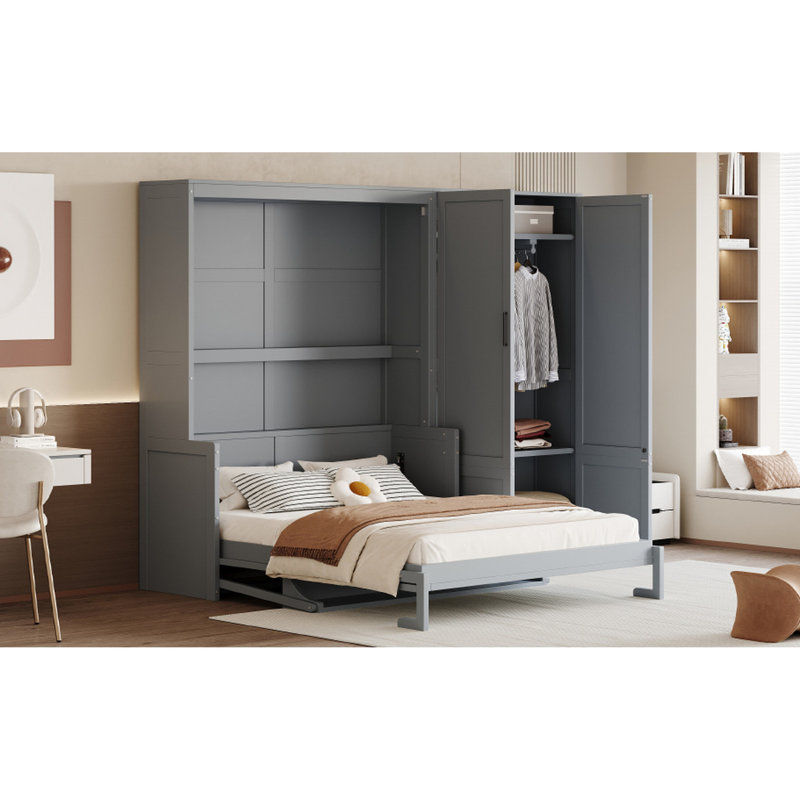 Grand lit moderne gris avec assemblage pratique et rangement offrant un look hydraulique et efficace