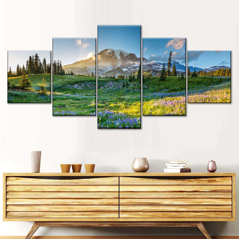 Mont Rainier printemps au Mont Rainier 5 pièces, H 24 po x l 55 po x P 1,25 po