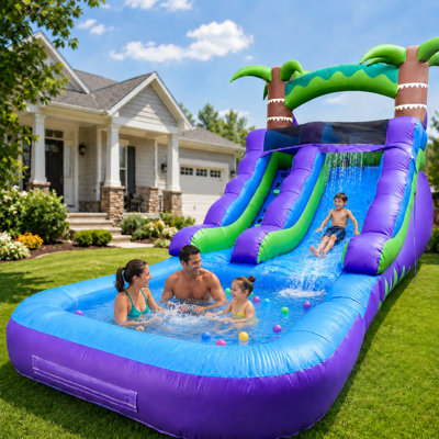 21ft Commercial-Grade PVC Inflatable Water Slide with Splash Pool & Blower, Wet/Dry Backyard Water Slide for Kids Summer Parties, Blue & Purple