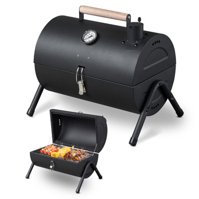 1 Unit Compact Portable Charcoal Grill, Tabletop Barbecue With Wooden Handle – Perfect For Outdoor Cooking (camping/bbq/parties), Built-in Thermometer, Airflow Control, Anti-slip Feet