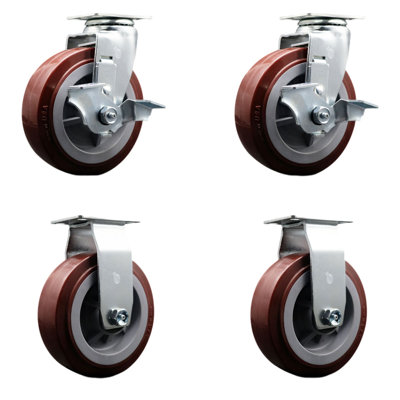 4 Piece Polyolefin Roller Bearing Caster Set with 2 Brakes and 2 Rigids