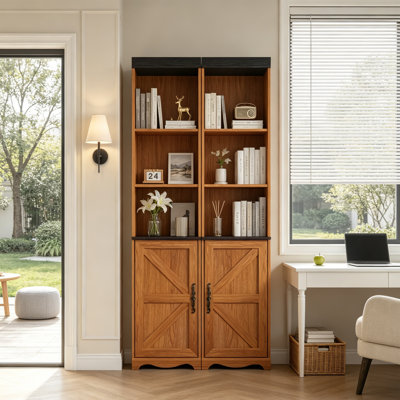 Bibliothèque à 5 niveaux avec armoire Phipps, bibliothèque de style campagnard avec portes de rangement, pour bureau à domicile, salon (ensemble de 2)