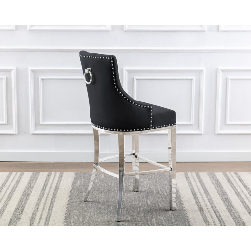 Kairin Upholstered Counter Stool, Black Velvet / Silver, Counterstool (40" Seat Height)