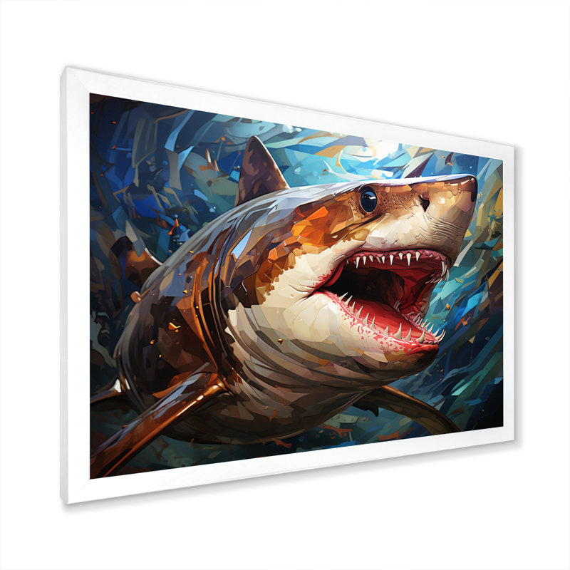" Blue Shark Predators Glare Geometric II ", 16" H x 32" W x 1" D, White Single Picture Framed