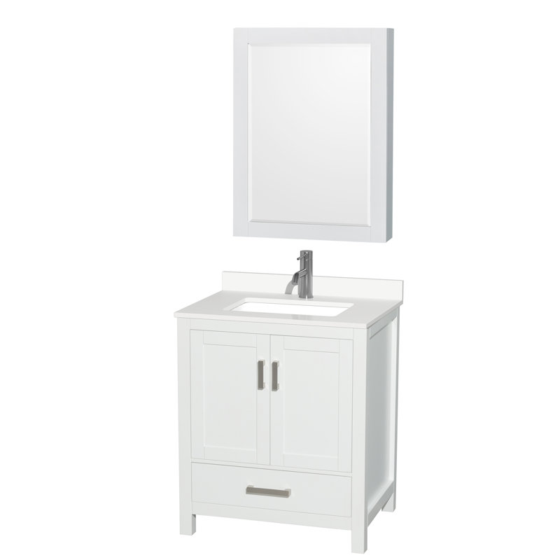 Meuble-lavabo simple autoportant avec comptoir en quartz et armoire à pharmacie Sheffield, Quartz blanc, Blanc, Chrome