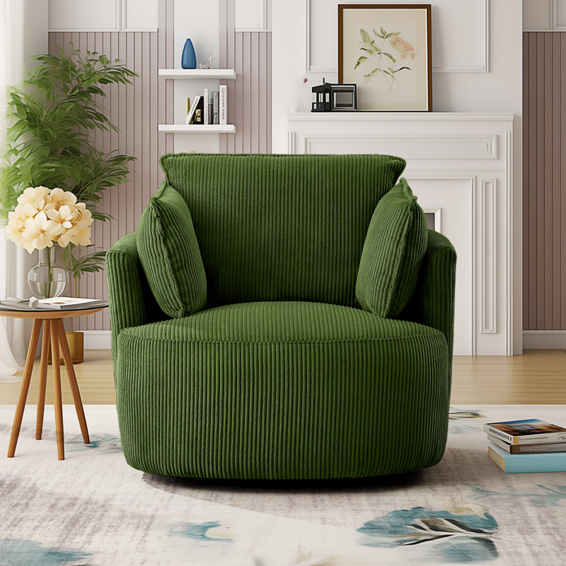 Fauteuil demi-tonneau pivotant en velours côtelé de 37,1 po de largeur avec 2 coussins d'accoudoirs, Velours côtelé vert, 1