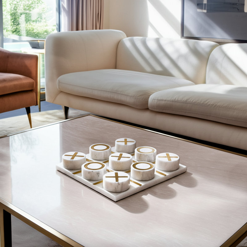 Decorative Tic Tac Toe Game Contemporary Stylish and Gold Marble Family Game Night, 3" H  x 12" W x 12" D, White