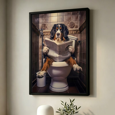 Chien d'Halloween lisant un journal sur les toilettes, tableau sur toile encadré, cadre noir, 50 x 75 cm