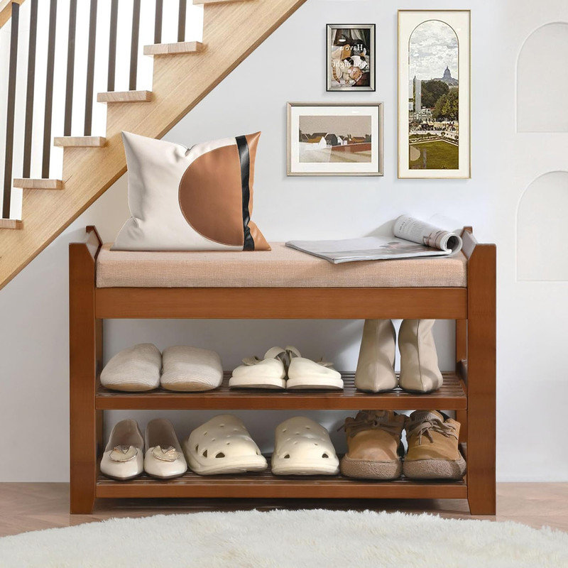 Bamboo Shoe Rack Bench with Beige Cushion and Storage