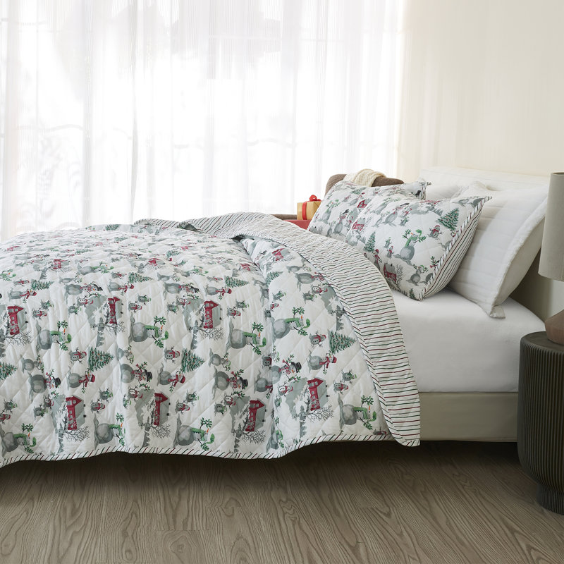 Ensemble de courtepointe réversible en microfibre gris / rouge / vert Alfie, Courtepointe double/grand et 2 taies décoratives