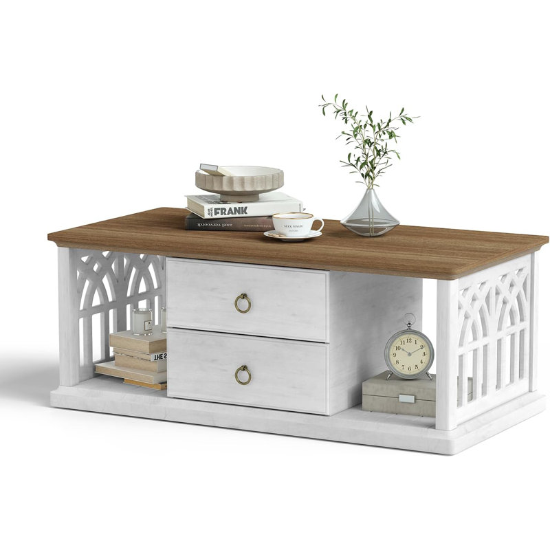 Coffee Table With Storage And Drawers,Rustic Rectangular Centre Table With Solid Wood Legs And Open Shelves,For Living Room,Office,Antique White