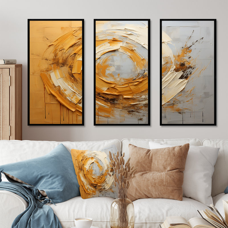 «Golden Lemon Zest Spiral III», ensemble d'art sur toile à spirales abstraites, Cadre flottant noir