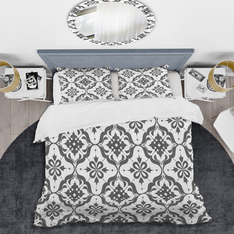 Ensemble de housse de couette transitionnelle gris foncé quadrilobe Glam I, Housse de couette pour grand lit et 2 taies décor