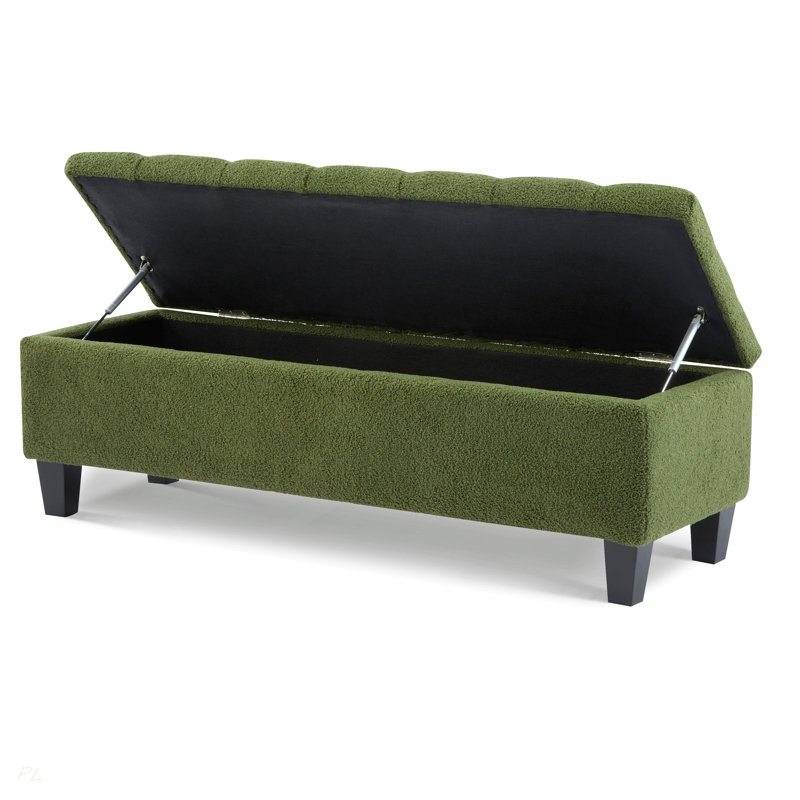 Banc repose-pieds avec rangement, surface bouclée, pieds en bois d'hévéa, capacité de 300 lb, Vert