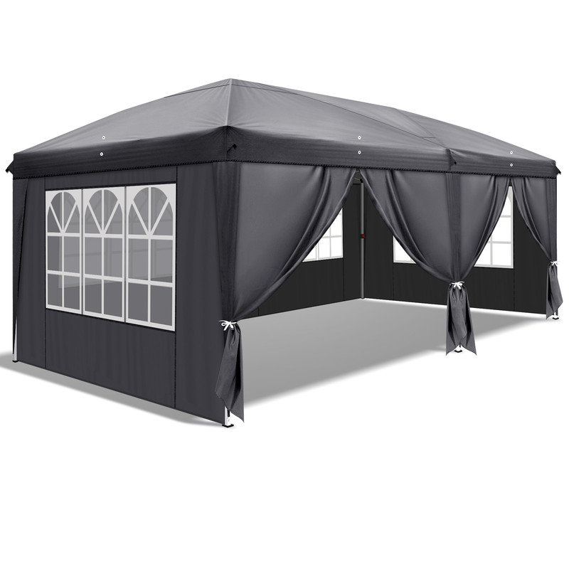 3x6m Pop Up Canopy Tent, Dark Grey Waterproof Market Stall Gazebo with Sidewalls & Windows