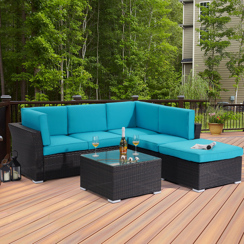 Premium All-Weather Wicker 5 - Person Modular Patio Conversation Set with Cushions, Blue