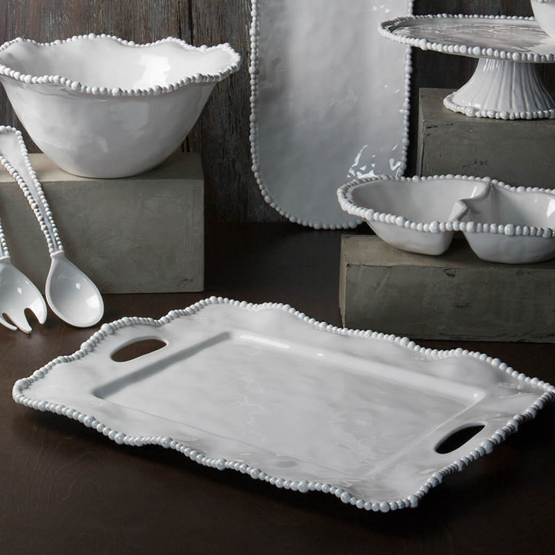 White Melamine Rectangular Tray with Handles and Pearl Rim