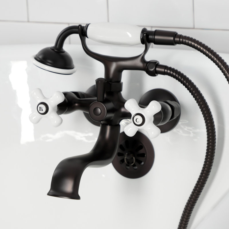 Kingston Brass Kingston Three-Handle 2-Hole Tub Wall Mount Clawfoot Tub Faucet with Hand Shower, Oil Rubbed Bronze